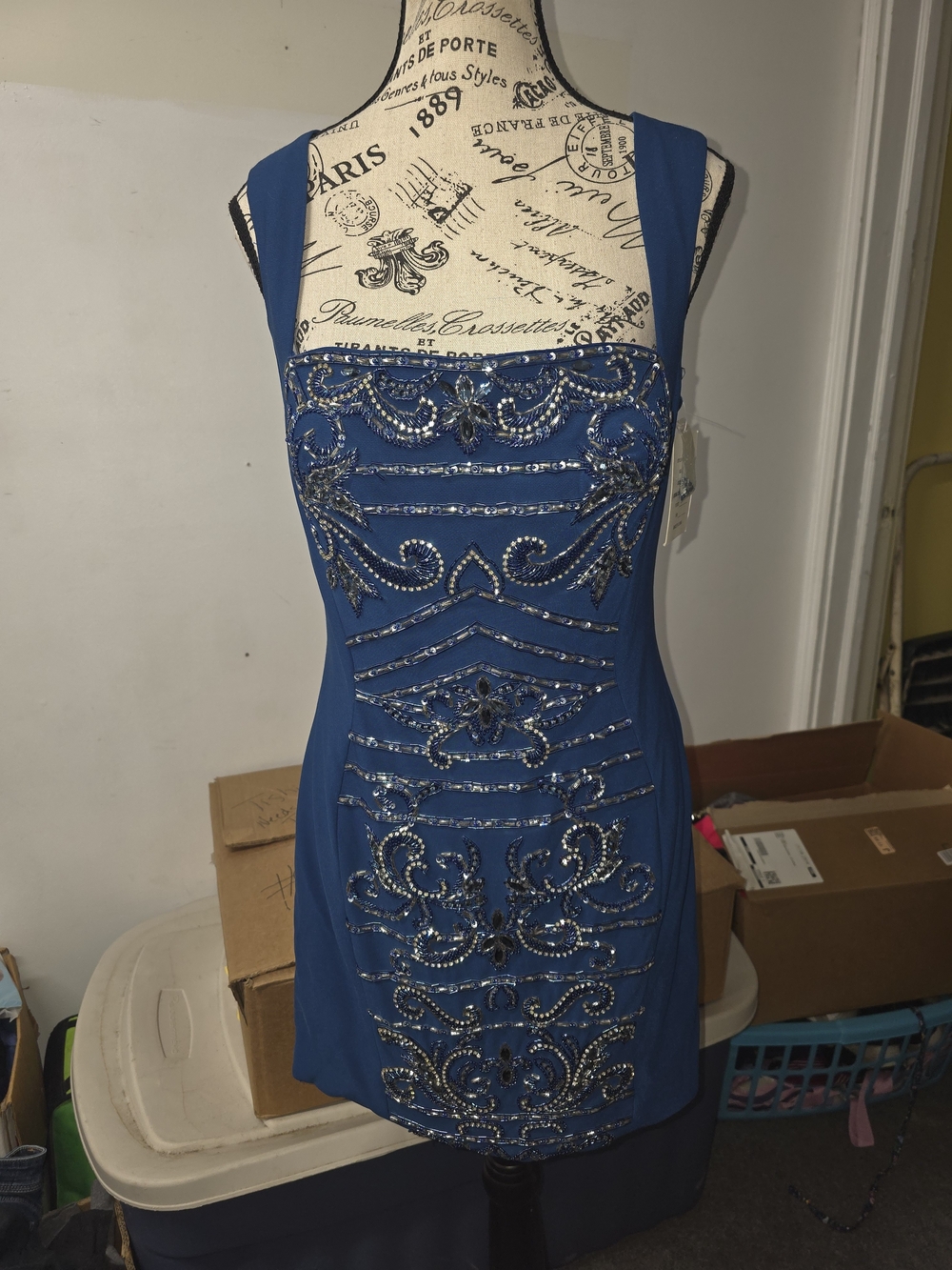 NWT Intrigue By Blush Embellished Blue Square-Neck Cocktail Dress